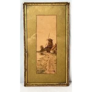 Antique F.J. Du Chattel Dutch Windmill Watercolor, Signed, Ornate Gold Frame